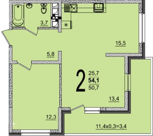 Планировка 2-комнатная, 54.1 м²