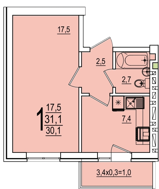 Планировка 1-комнатная, 31.1 м²