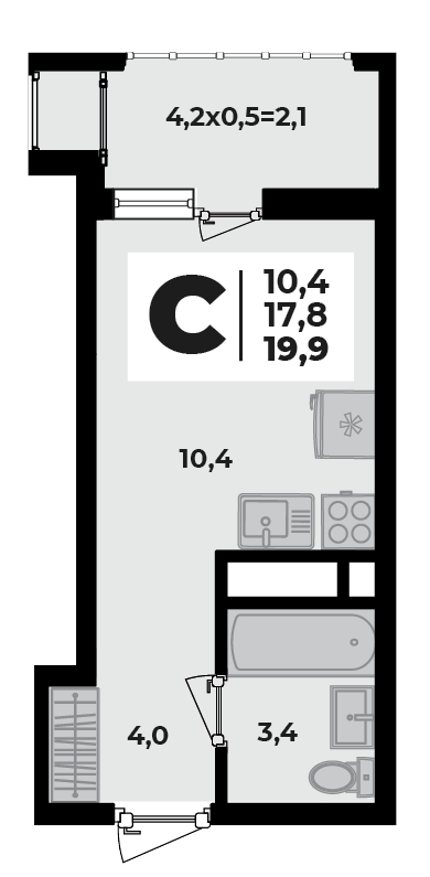 Планировка Студия, 19.9 м²