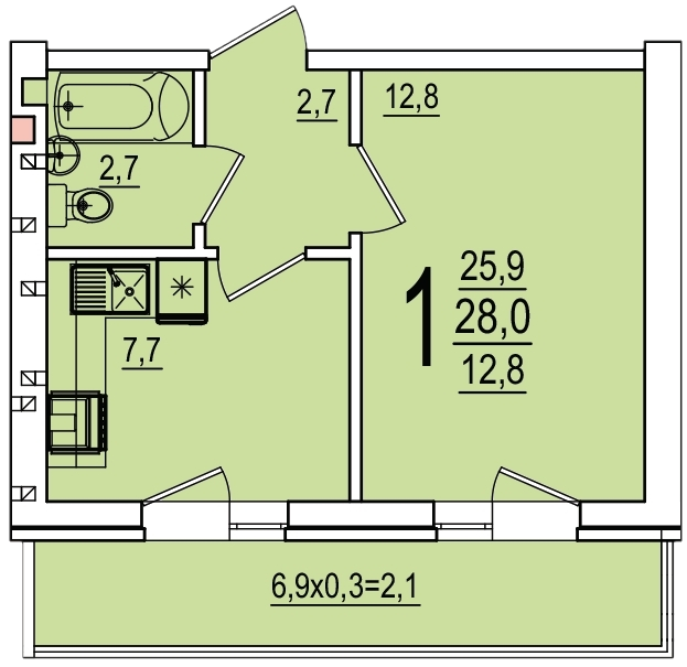 Планировка 1-комнатная, 28 м²