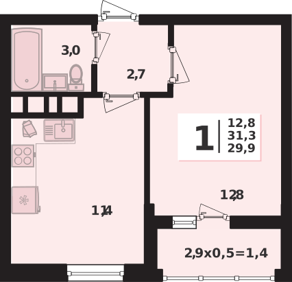 Планировка 1-комнатная, 31.3 м²
