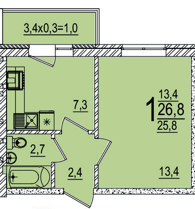 Планировка 1-комнатная, 27.2 м²