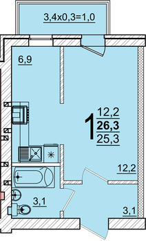 Планировка 1-комнатная, 25.9 м²
