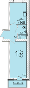 Планировка 1-комнатная, 35.7 м²