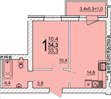 Планировка 1-комнатная, 34.3 м²