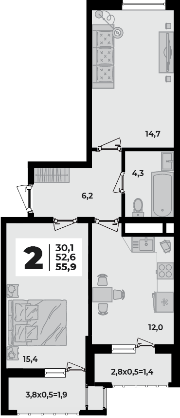 Планировка 2-комнатная, 55.9 м²