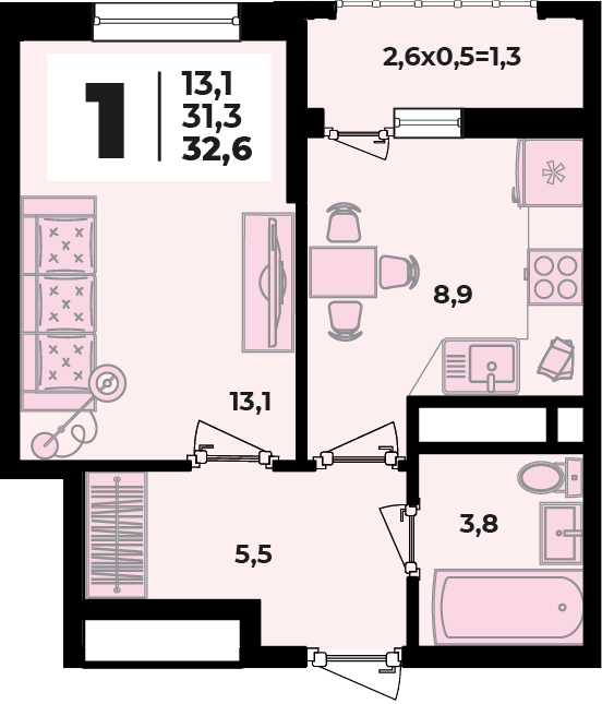 Планировка 1-комнатная, 32.6 м²