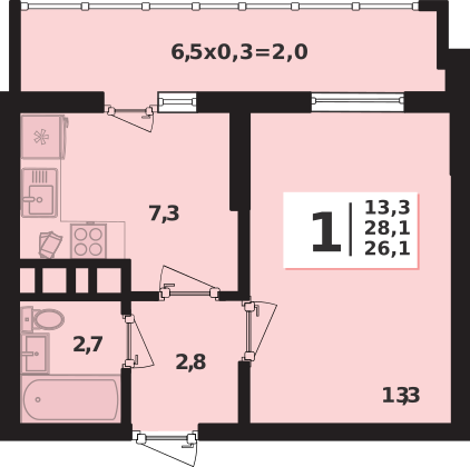 Планировка 1-комнатная, 28.1 м²