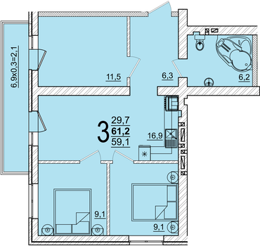 Планировка 3-комнатная, 61.2 м²