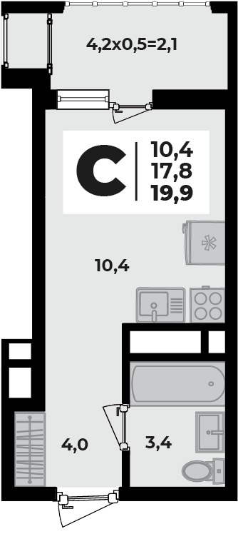 Планировка Студия, 19.9 м²