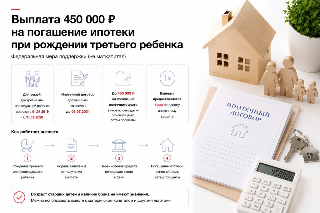 Выплата 450000 на погашение ипотеки при рождении третьего ребенка