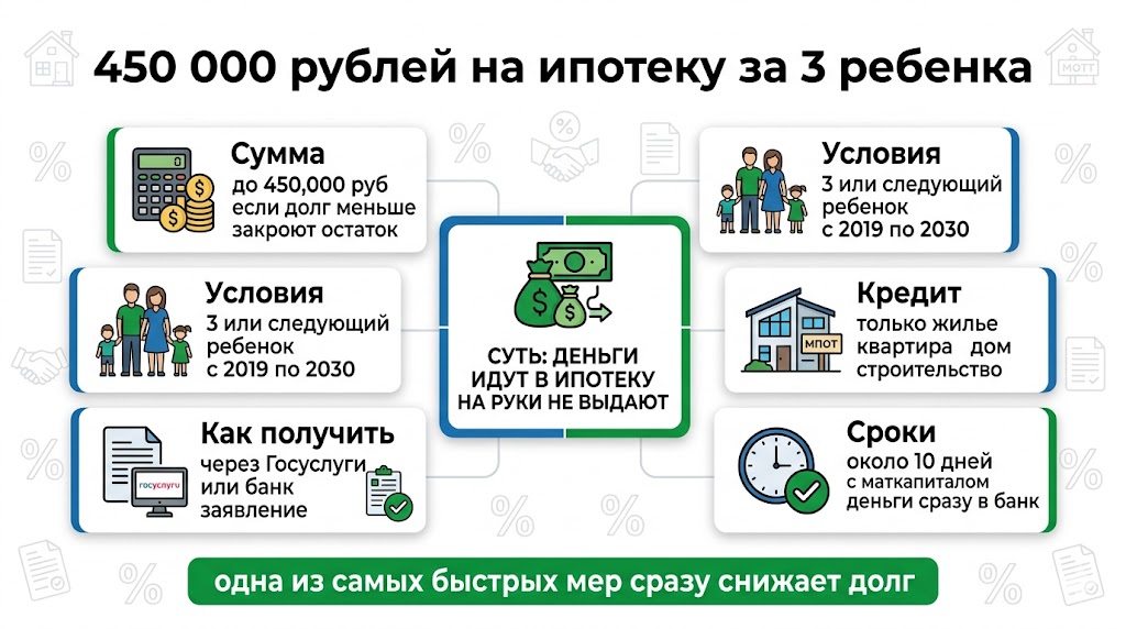 Целевая выплата 450 000 рублей на погашение ипотеки при рождении третьего ребенка