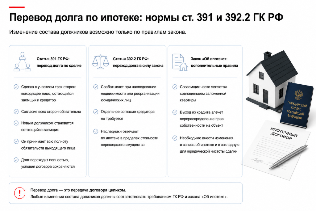 Законодательная база (ст. 391 и 392.2 ГК РФ о переводе долга)