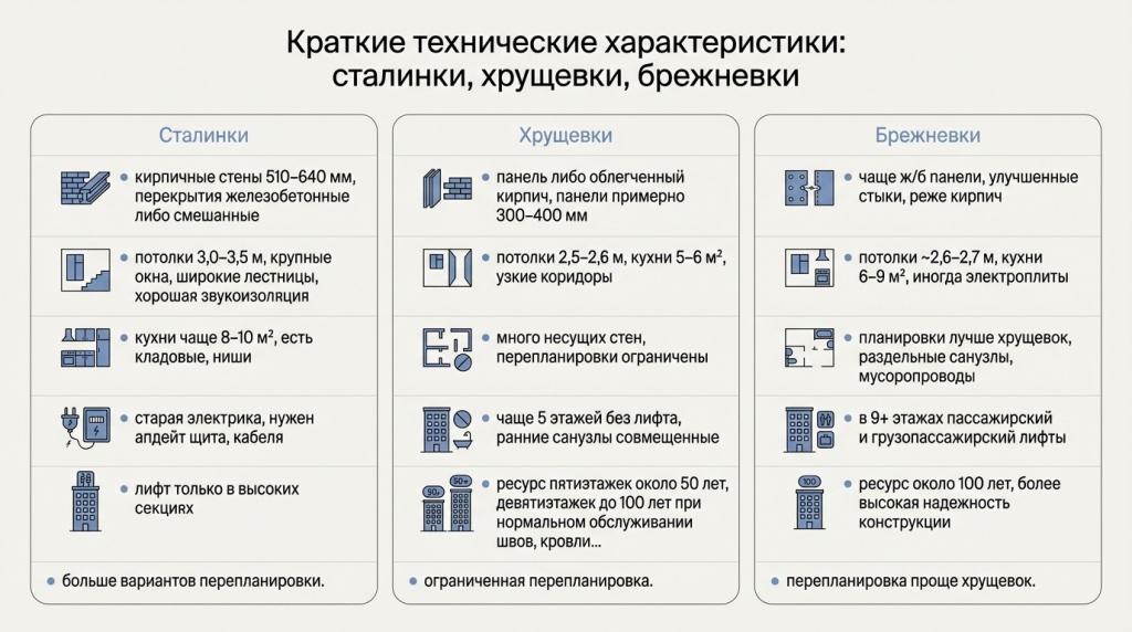 Краткие технические характеристики домов: сталинки, хрущевки, брежневки.