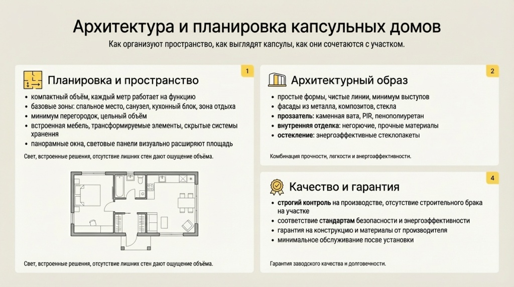 Архитектурные особенности, планировка капсульных домов