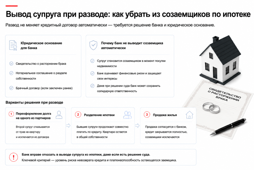 Вывод супруга при разводе: как вывести супруга из созаемщиков по ипотеке