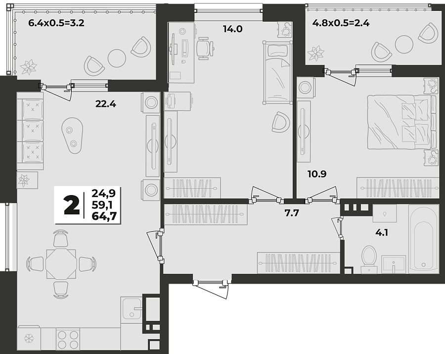 Планировка 2-комнатная, 64.7 м²