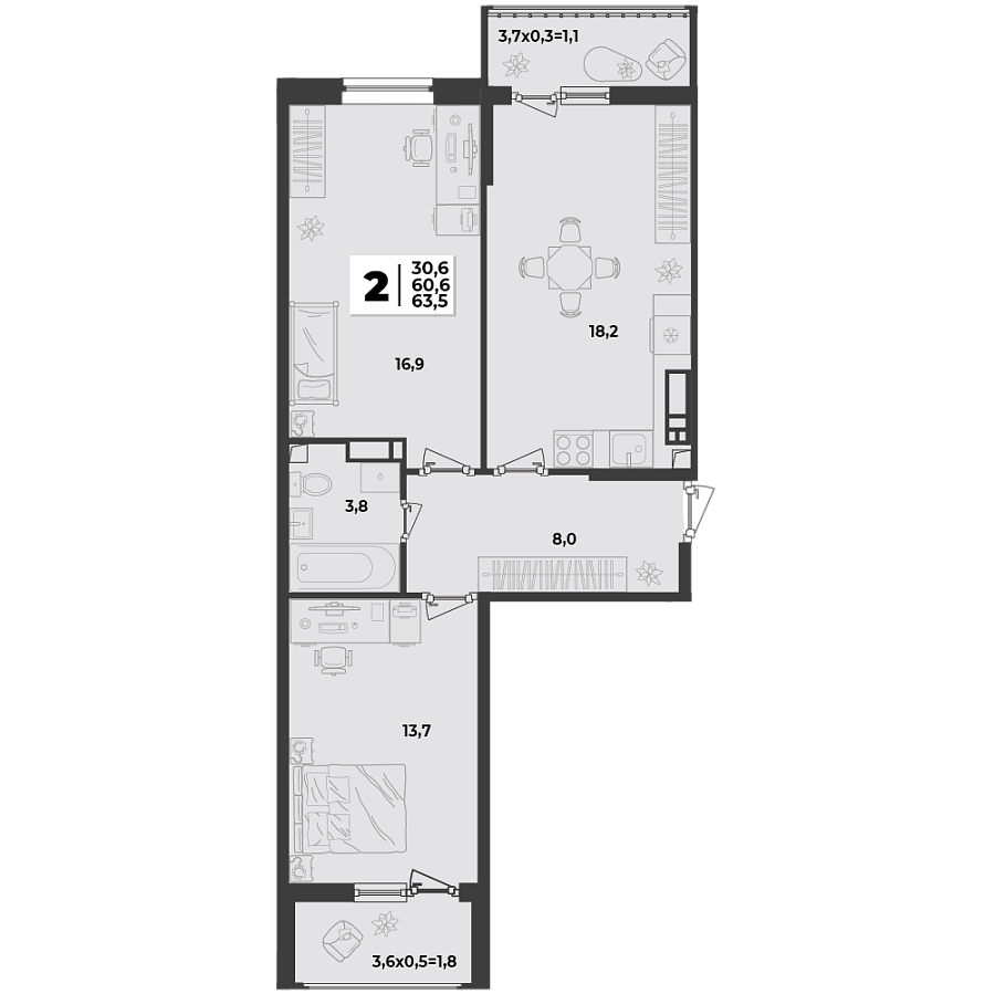Планировка 2-комнатная, 63.5 м²
