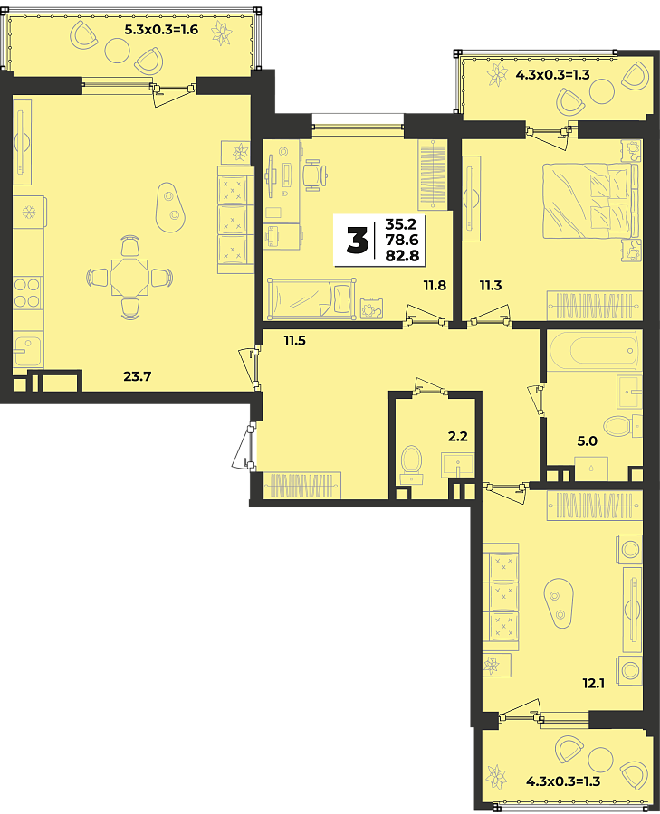 Планировка 3-комнатная, 82.8 м²