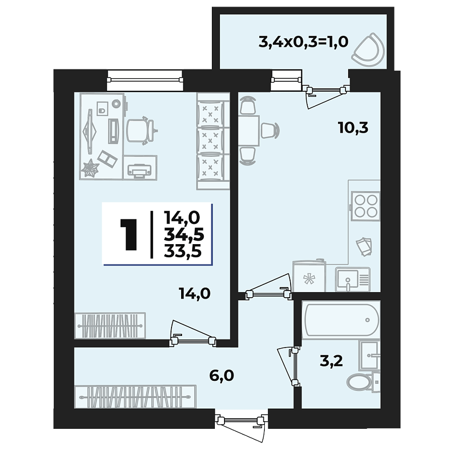 Планировка 1-комнатная, 34.5 м²