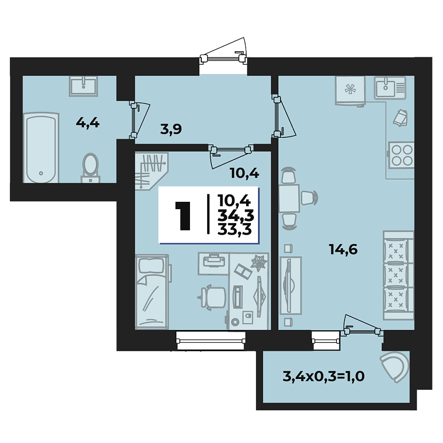 Планировка 1-комнатная, 34.3 м²