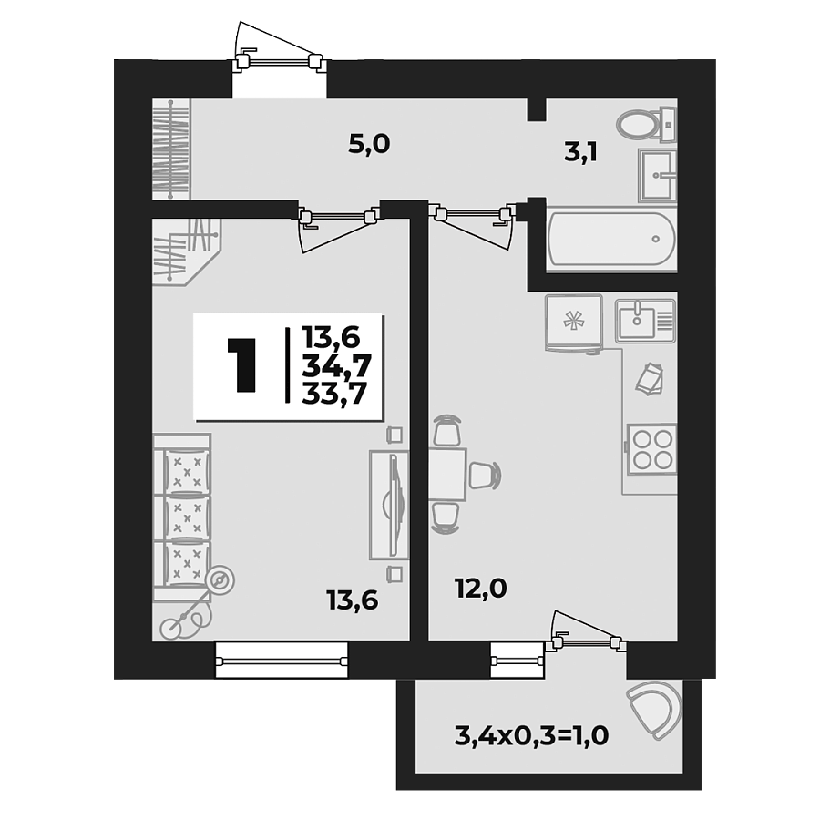 Планировка 1-комнатная, 34.7 м²
