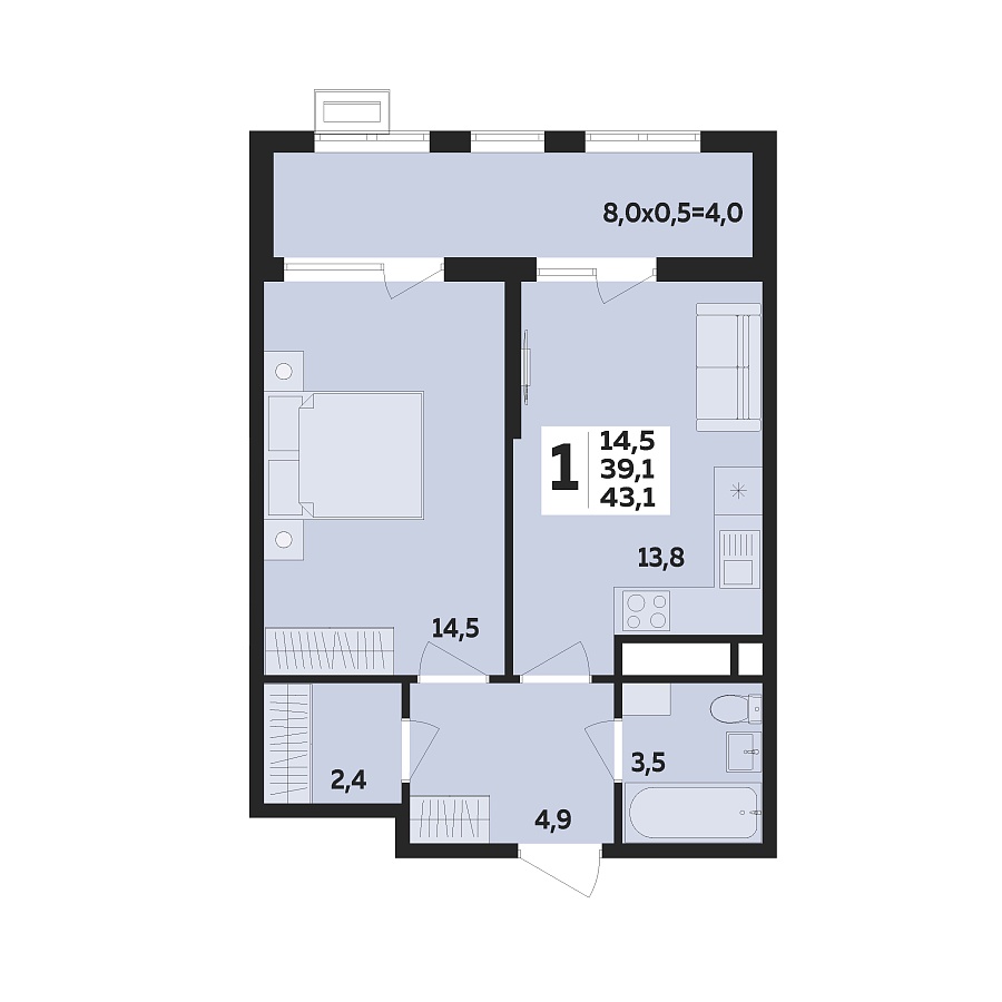 Планировка 1-комнатная, 43.1 м²