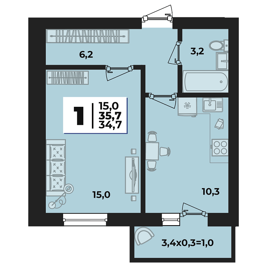 Планировка 1-комнатная, 35.7 м²