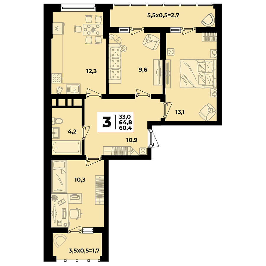 Планировка 3-комнатная, 64.8 м²