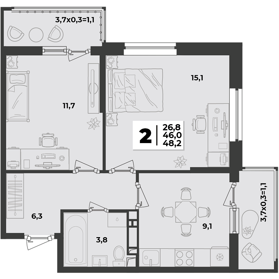 Планировка 2-комнатная, 48.2 м²