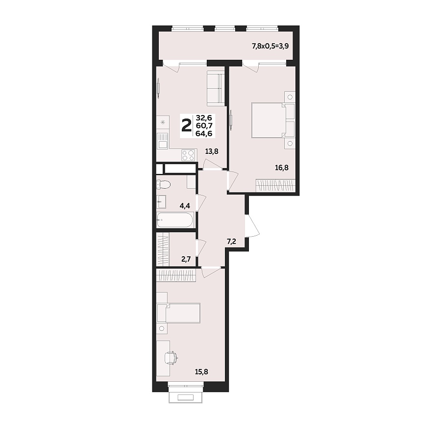 Планировка 2-комнатная, 64.6 м²