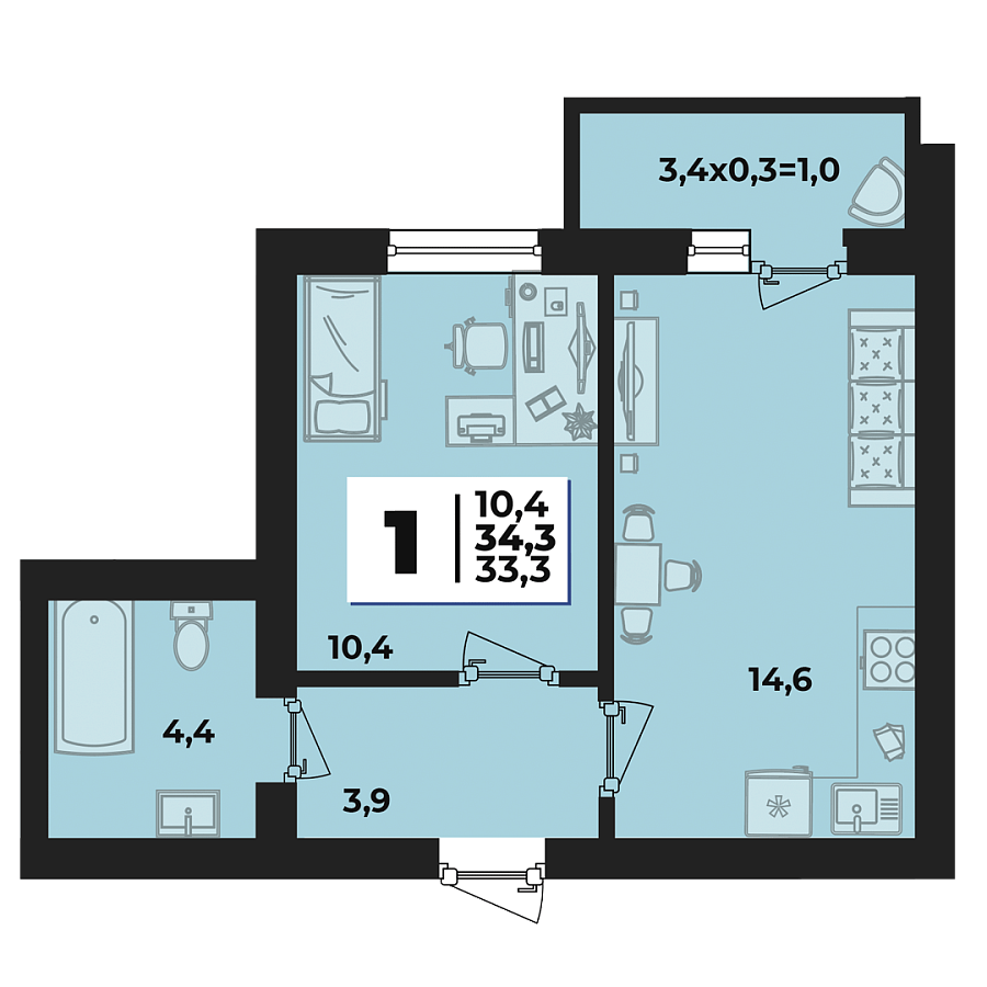 Планировка 1-комнатная, 34.3 м²