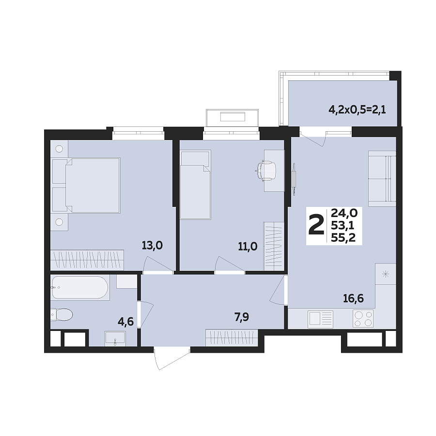 Планировка 2-комнатная, 55.2 м²