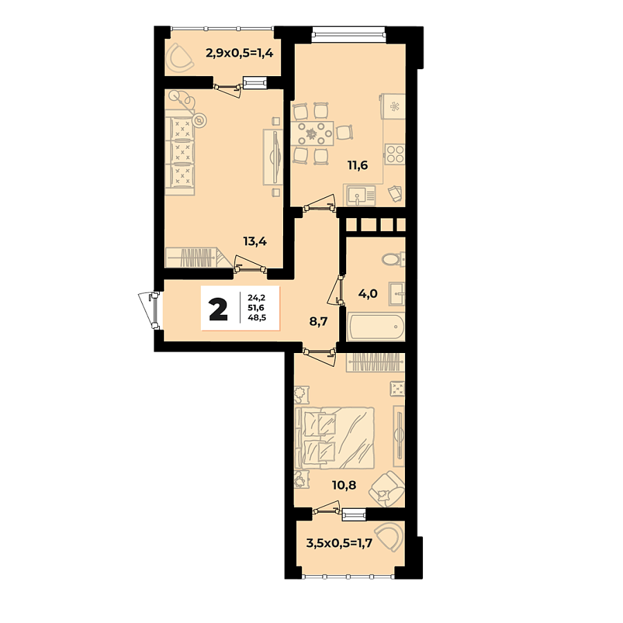 Планировка 2-комнатная, 51.6 м²