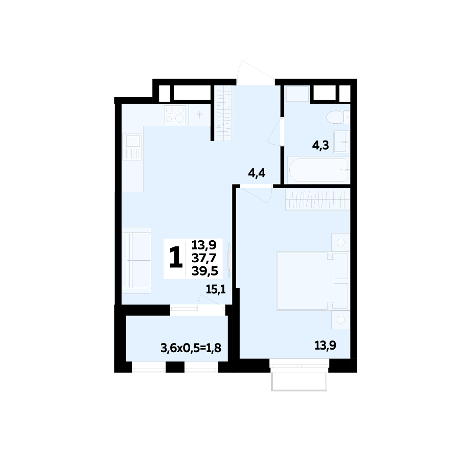 Планировка 1-комнатная, 39.5 м²
