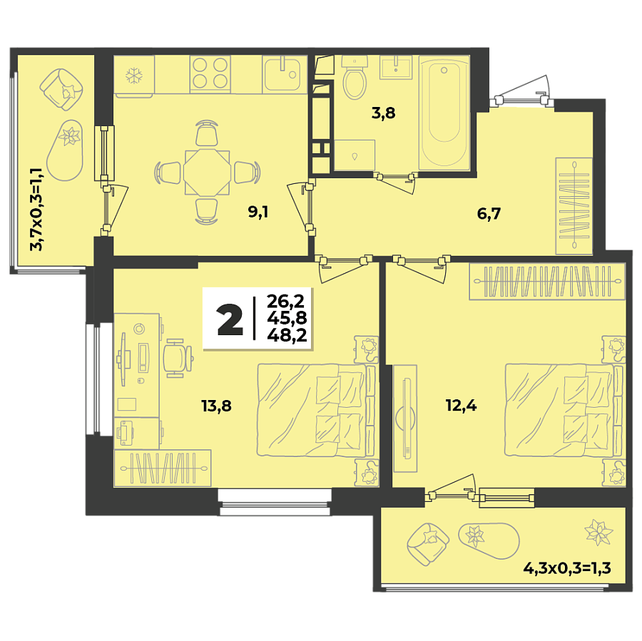 Планировка 2-комнатная, 48.2 м²