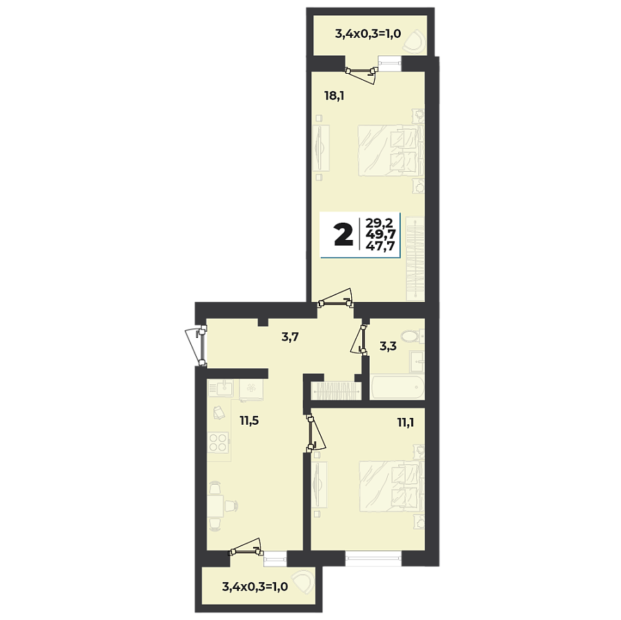 Планировка 2-комнатная, 49.7 м²