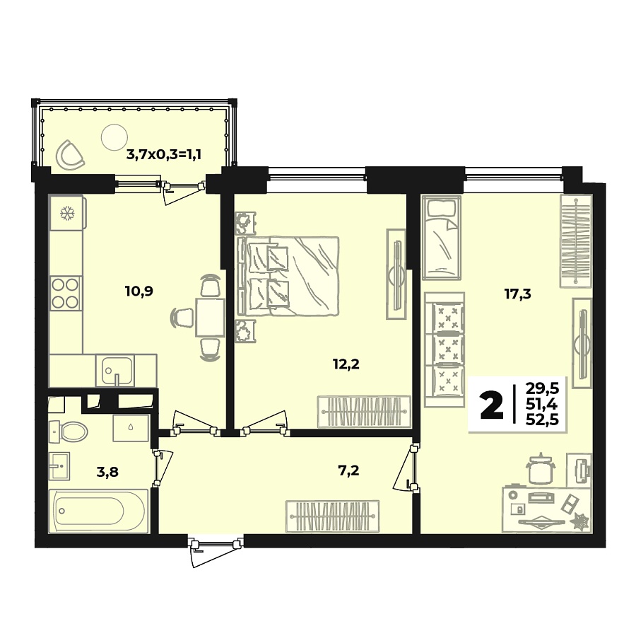 Планировка 2-комнатная, 52.5 м²