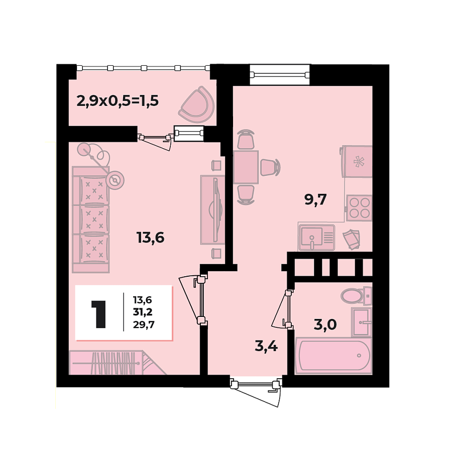 Планировка 1-комнатная, 31.2 м²