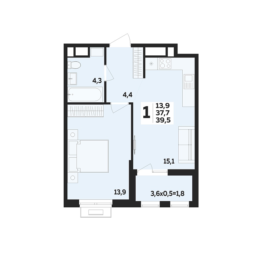 Планировка 1-комнатная, 39.5 м²