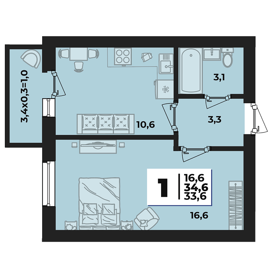 Планировка 1-комнатная, 34.2 м²