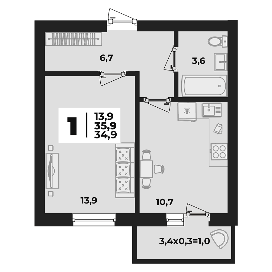 Планировка 1-комнатная, 35.9 м²