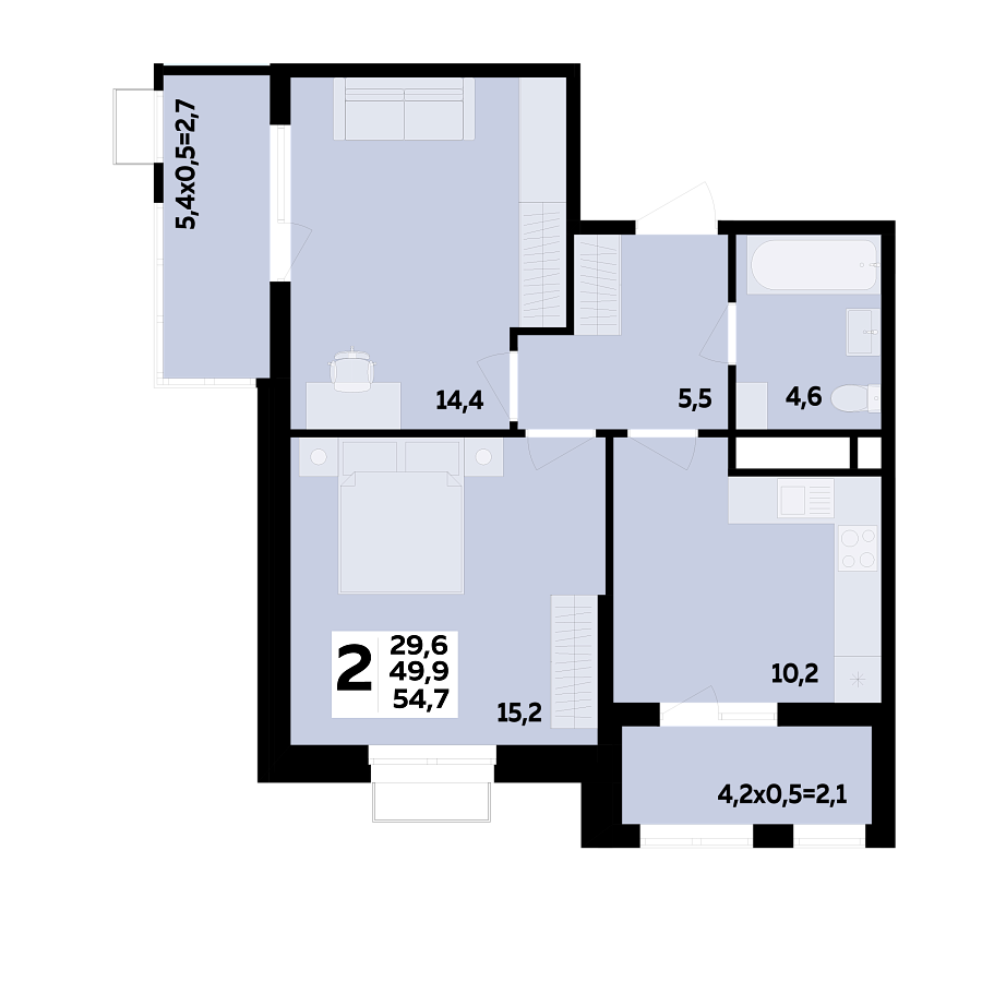 Планировка 2-комнатная, 54.7 м²