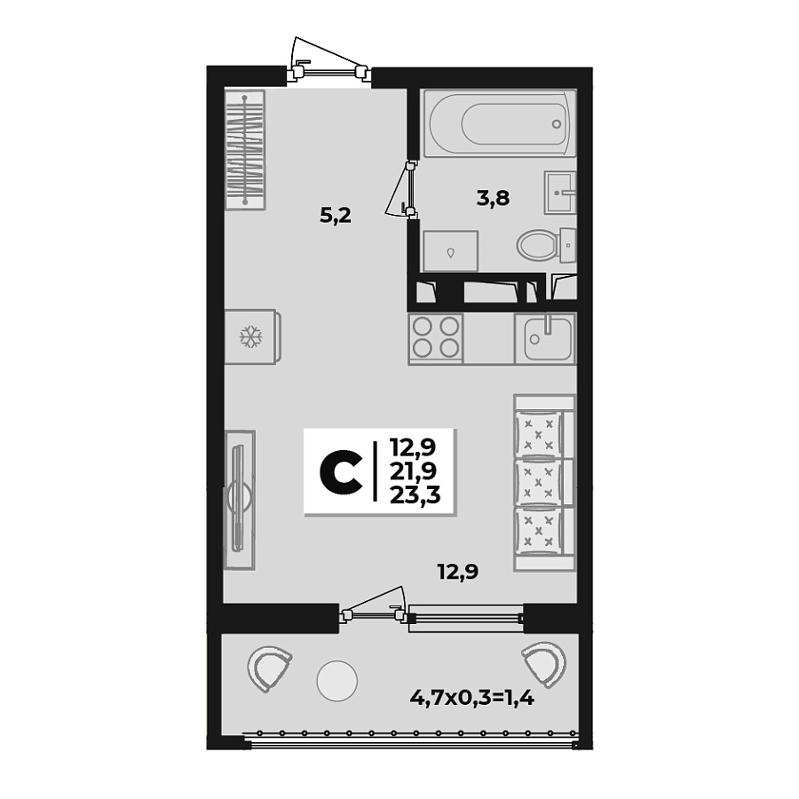 Планировка Студия, 23.3 м²