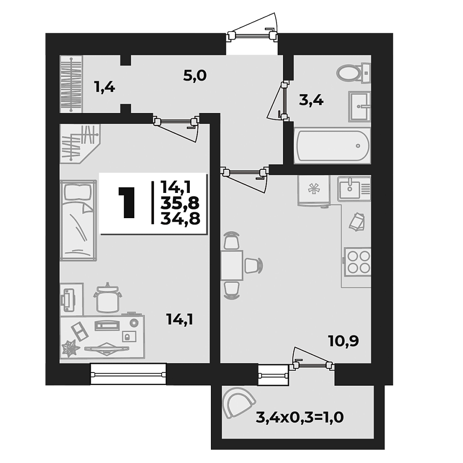 Планировка 1-комнатная, 35.8 м²