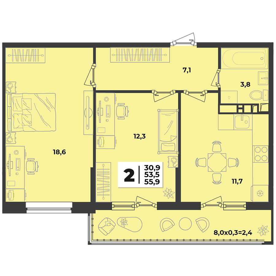 Планировка 2-комнатная, 55.9 м²