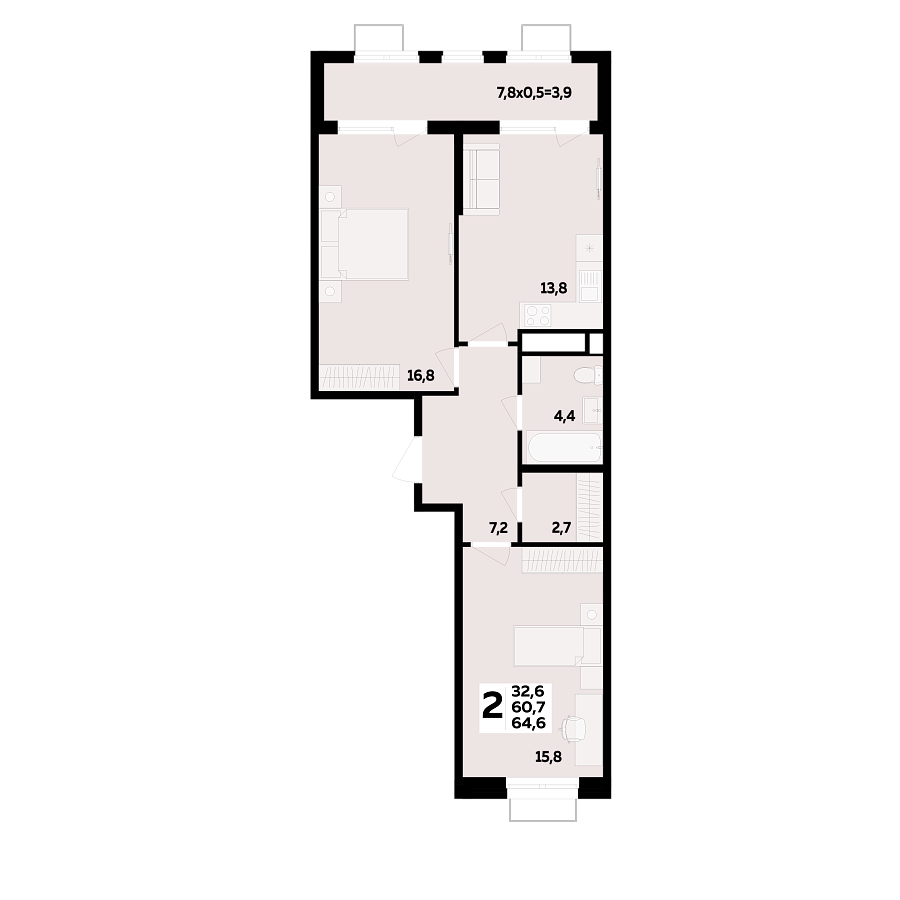 Планировка 2-комнатная, 64.6 м²