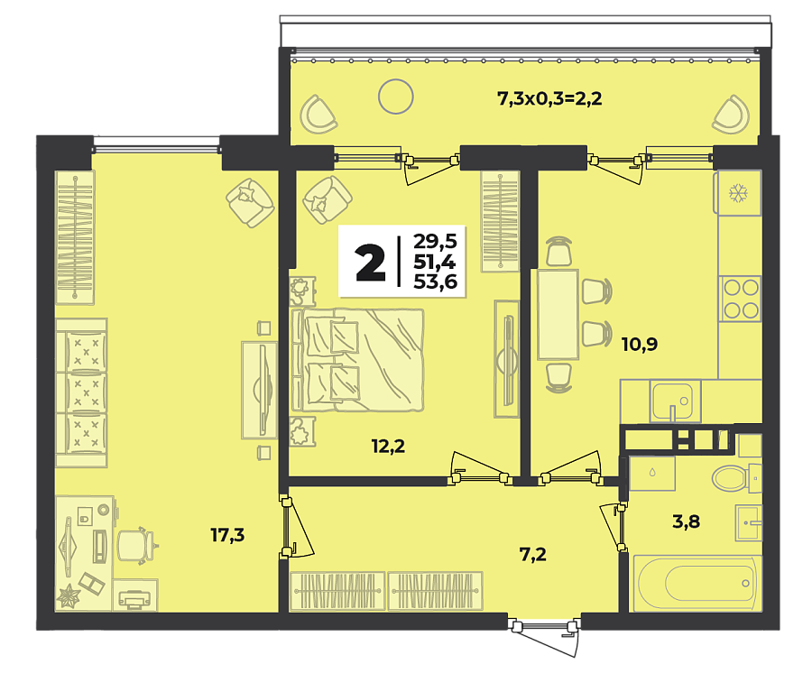 Планировка 2-комнатная, 53.6 м²