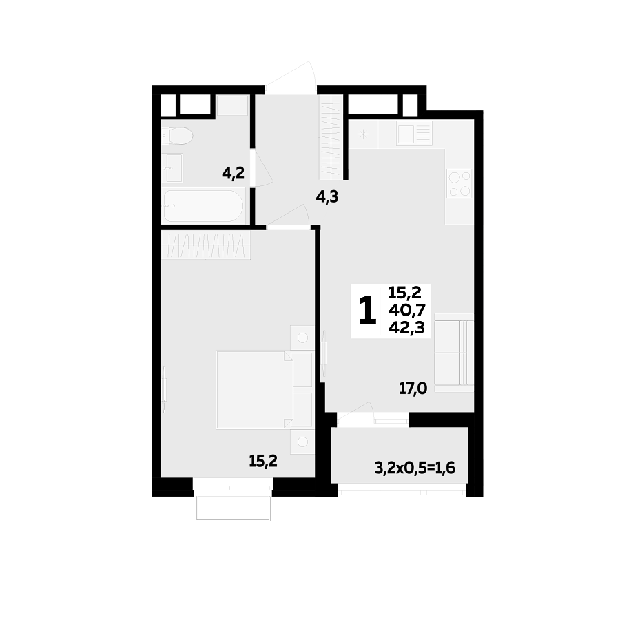 Планировка 1-комнатная, 42.3 м²