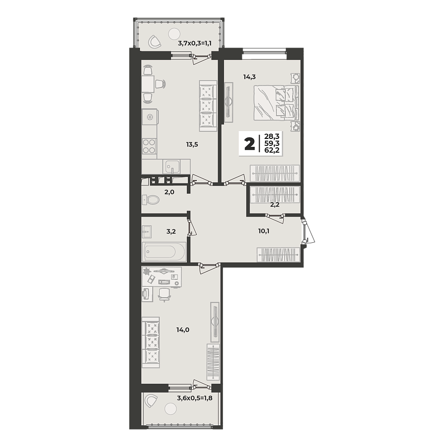 Планировка 2-комнатная, 62.2 м²